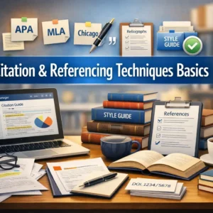 High-quality educational course image showing Citation & Referencing Techniques Basics with citation and research visuals.