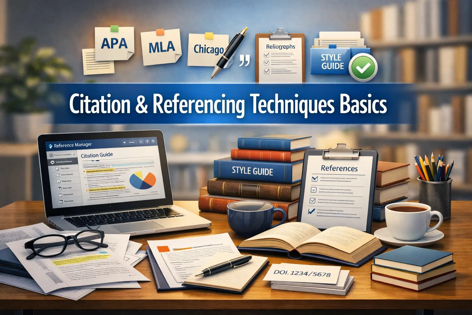 High-quality educational course image showing Citation & Referencing Techniques Basics with citation and research visuals.