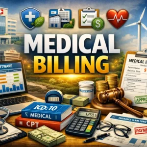 High-quality educational course image for Medical Billing with healthcare and billing visuals.