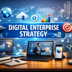 Modern educational image for Digital Enterprise Strategy course with digital business visuals