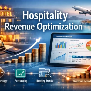 Modern educational image for Hospitality Revenue Optimization course with hotel operations and revenue dashboards