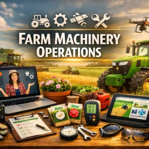 Professional e-learning image showing Farm Machinery Operations tools and equipment