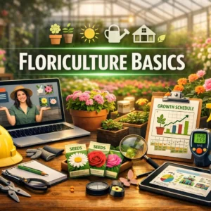Professional e-learning image showing Floriculture Basics tools and greenhouse visuals