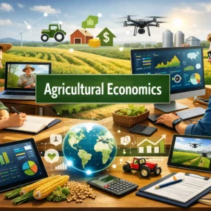 Educational banner for Agricultural Economics showing farming, data analysis, and economic visuals