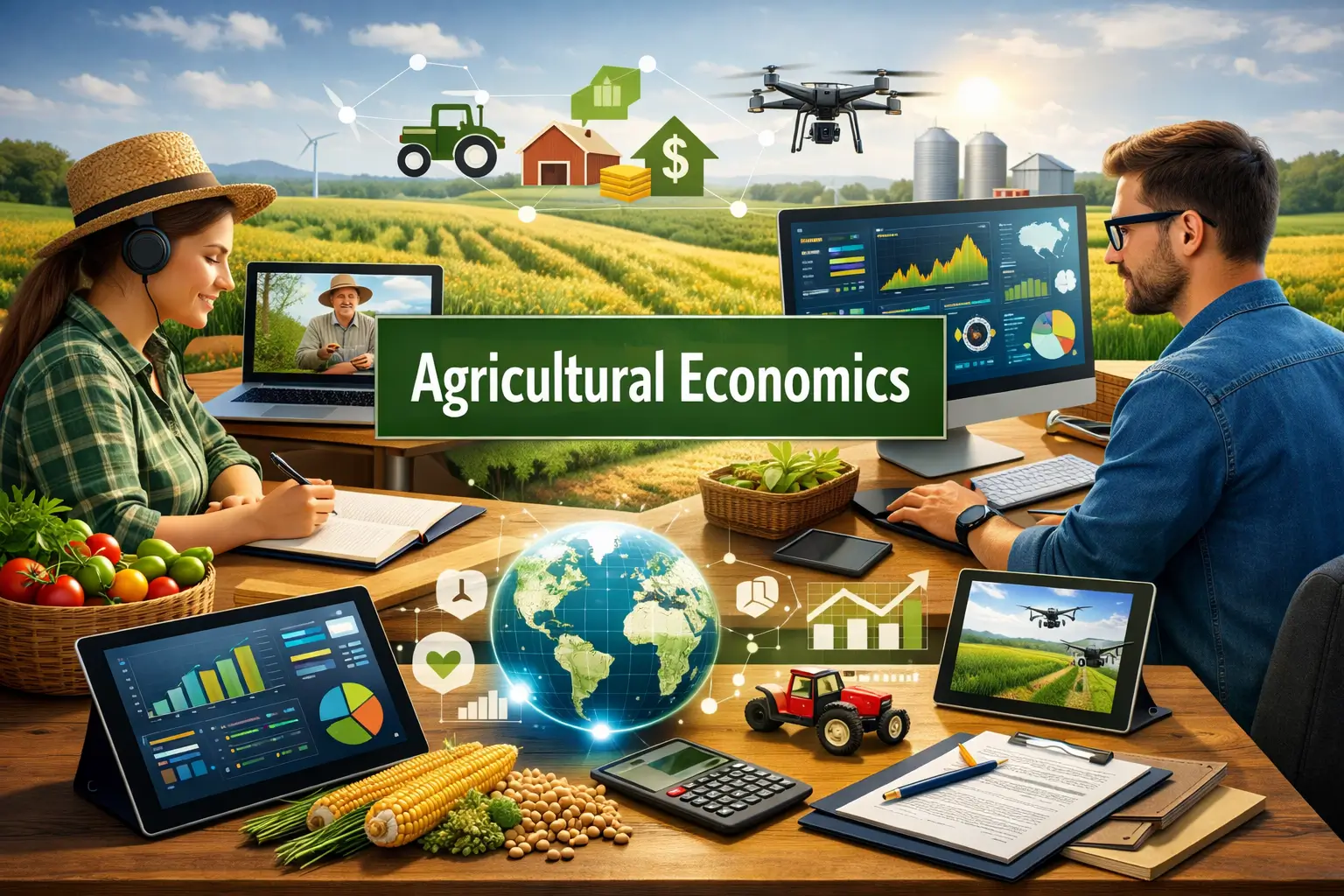 Educational banner for Agricultural Economics showing farming, data analysis, and economic visuals