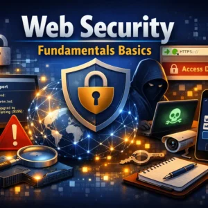 Web Security Fundamentals Basics course visual with cybersecurity and network protection elements