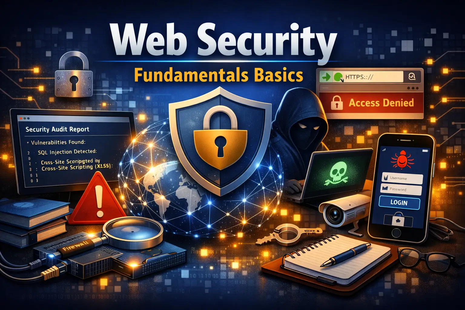 Web Security Fundamentals Basics course visual with cybersecurity and network protection elements