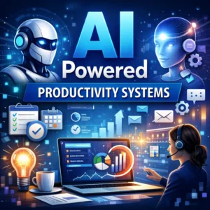 Modern educational image for AI Powered Productivity Systems course with automation and workflow visuals