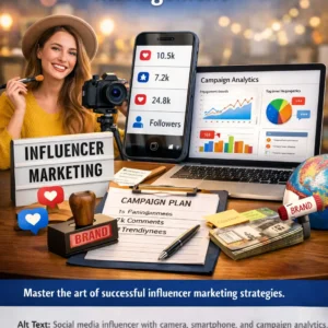 Social media influencer with camera, smartphone, and campaign analytics