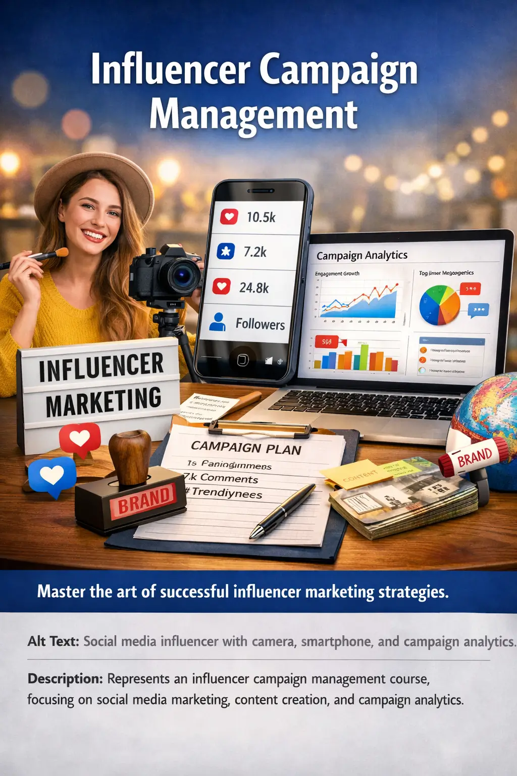 Social media influencer with camera, smartphone, and campaign analytics