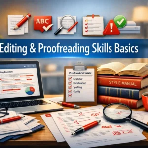 High-quality educational course image showing Editing & Proofreading Skills Basics with editing and writing visuals.