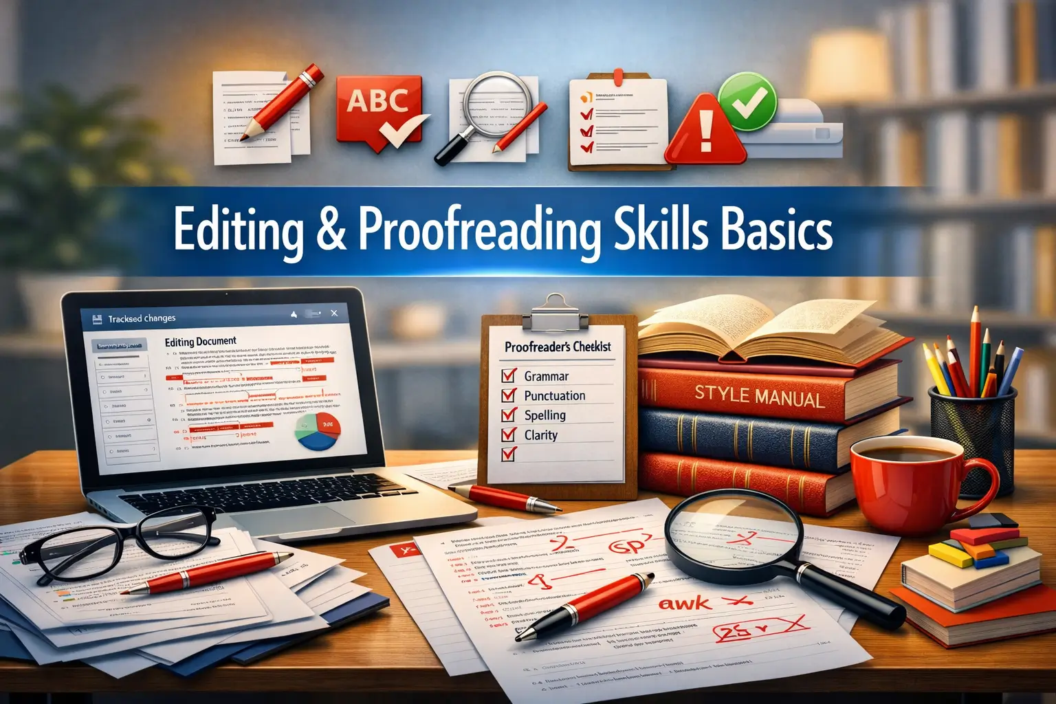 High-quality educational course image showing Editing & Proofreading Skills Basics with editing and writing visuals.
