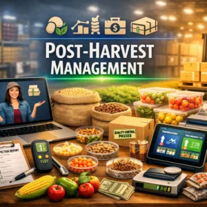 Professional e-learning image showing Post-Harvest Management tools and visuals