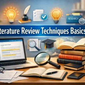 Professional educational course image showing Literature Review Techniques Basics with research visuals and books.