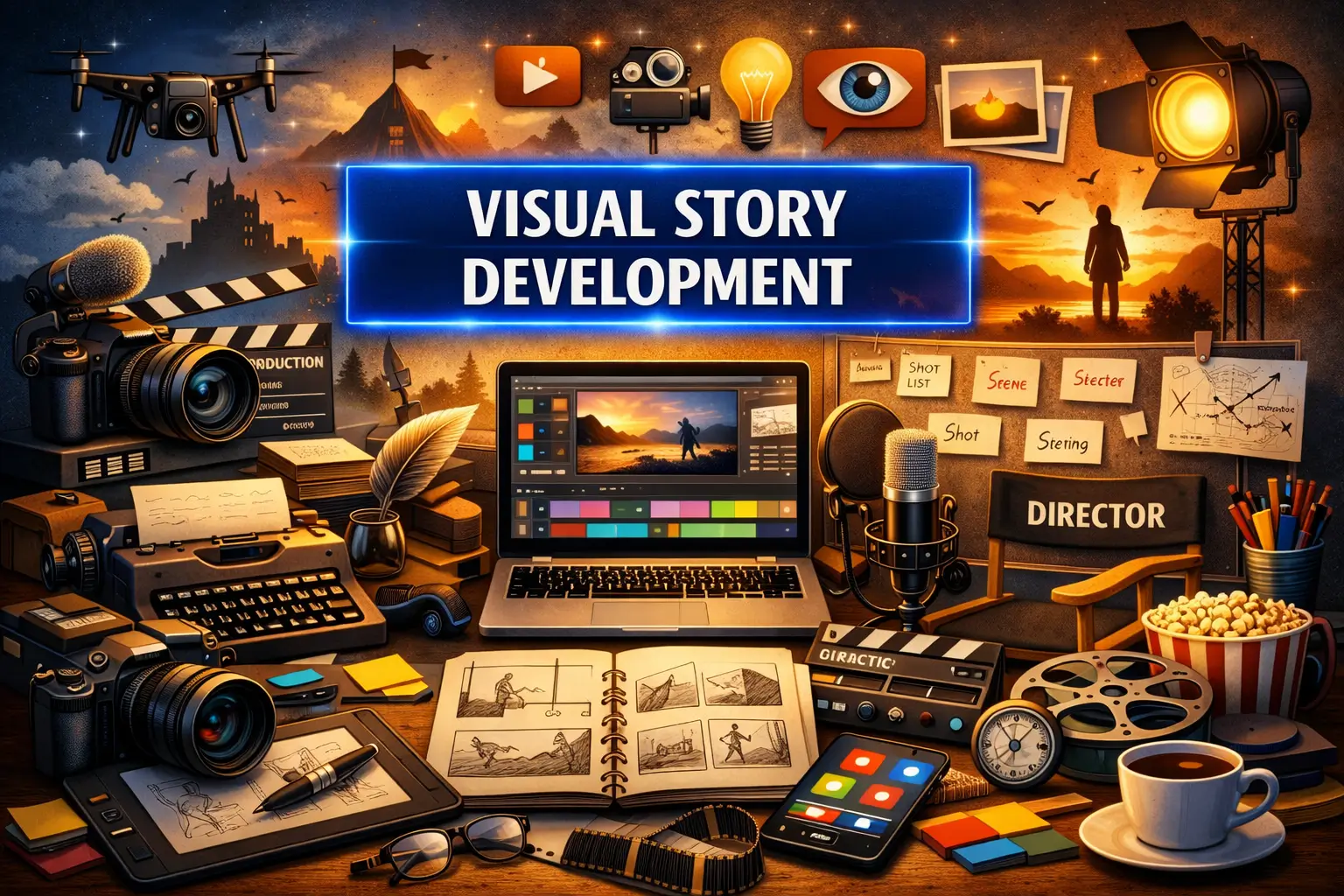 High-quality educational course image featuring Visual Story Development with cinematic visuals