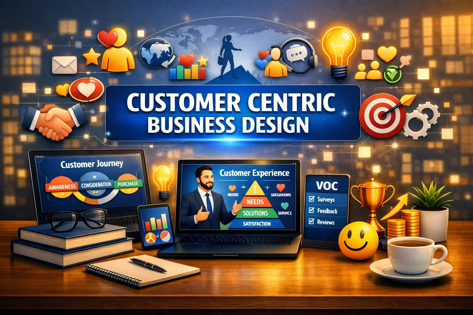 Modern educational image for Customer Centric Business Design course with customer experience and business visuals