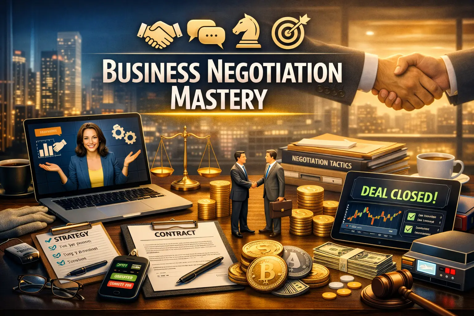 Professional e-learning image showing Business Negotiation Mastery tools and visuals