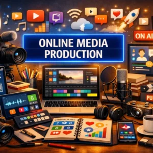 High-quality educational course image featuring Online Media Production with modern visuals