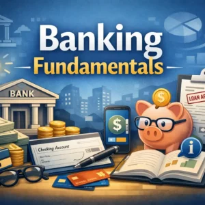 Educational banner for Banking Fundamentals course showing financial tools and banking visuals