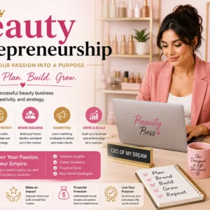 Educational banner for Beauty Entrepreneurship course with cosmetics and business visuals