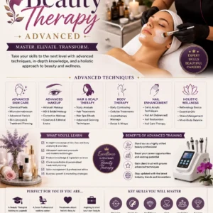 Educational banner for Beauty Therapy Advanced course with spa and skincare visuals