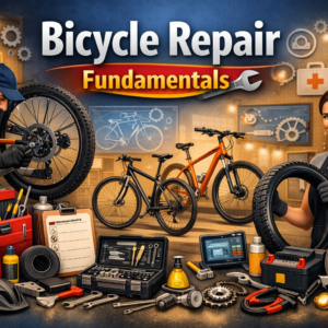 Bicycle Repair Fundamentals course image showing tools, workshop, and mechanics