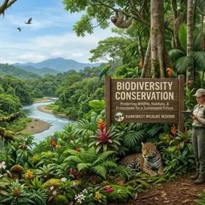 Educational banner for Biodiversity Conservation course with nature and wildlife visuals