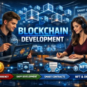 Modern educational banner for Blockchain Development with coding and blockchain visuals