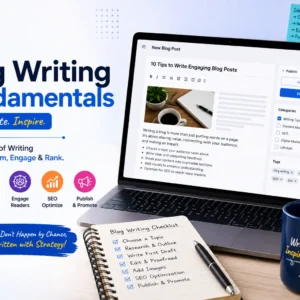 Educational banner for Blog Writing Fundamentals course with writing and publishing visuals