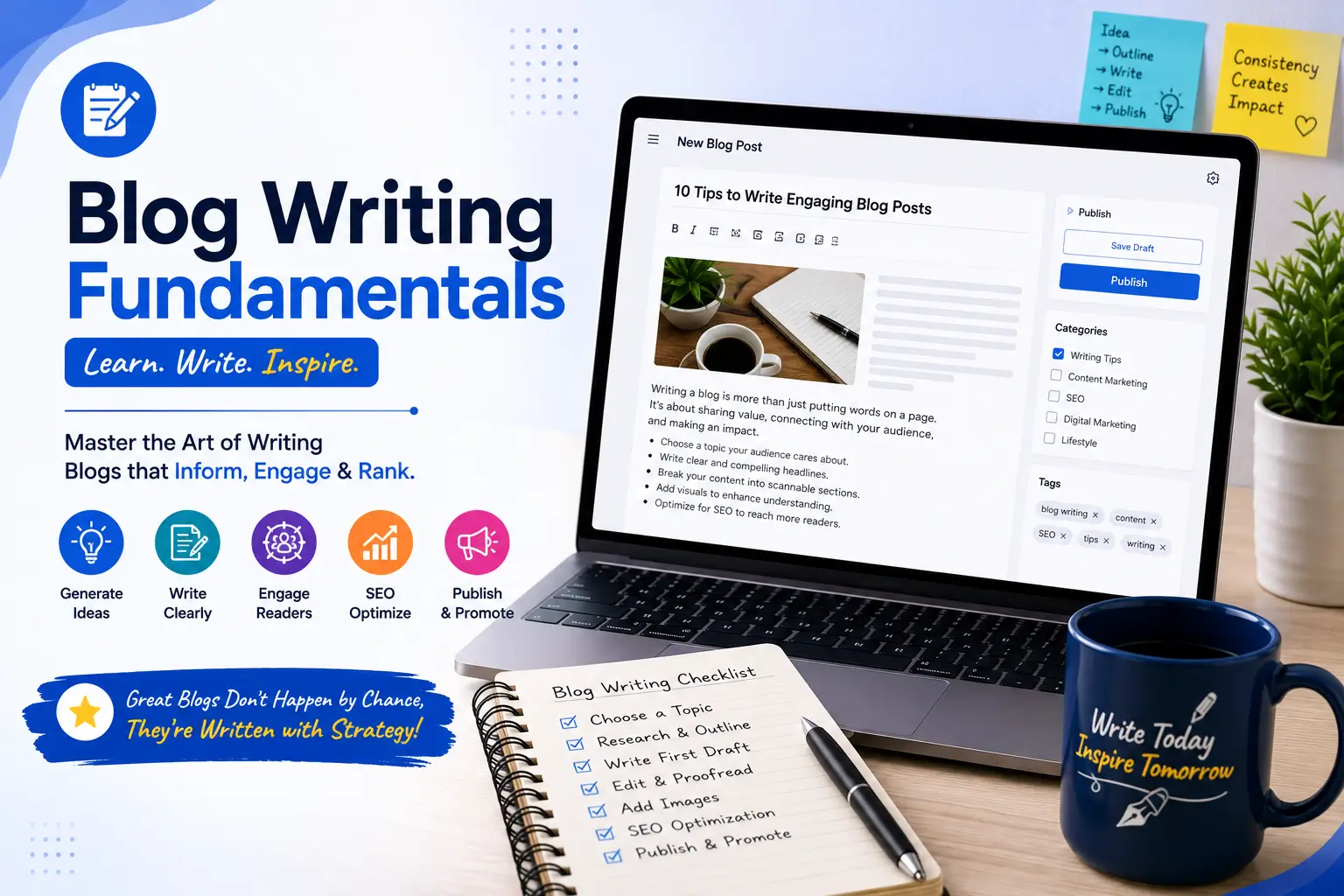 Educational banner for Blog Writing Fundamentals course with writing and publishing visuals