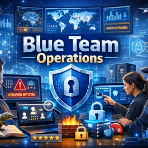 Professional Blue Team Operations course image with cybersecurity analysts and shield visuals