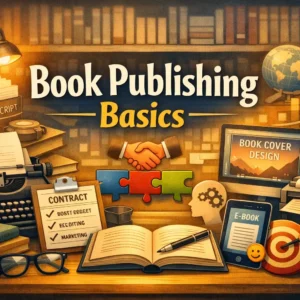 Educational banner for Book Publishing Basics course showing publishing tools and creative visuals