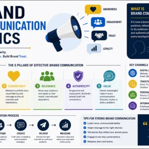 Educational banner for Brand Communication Basics course showing branding and marketing visuals