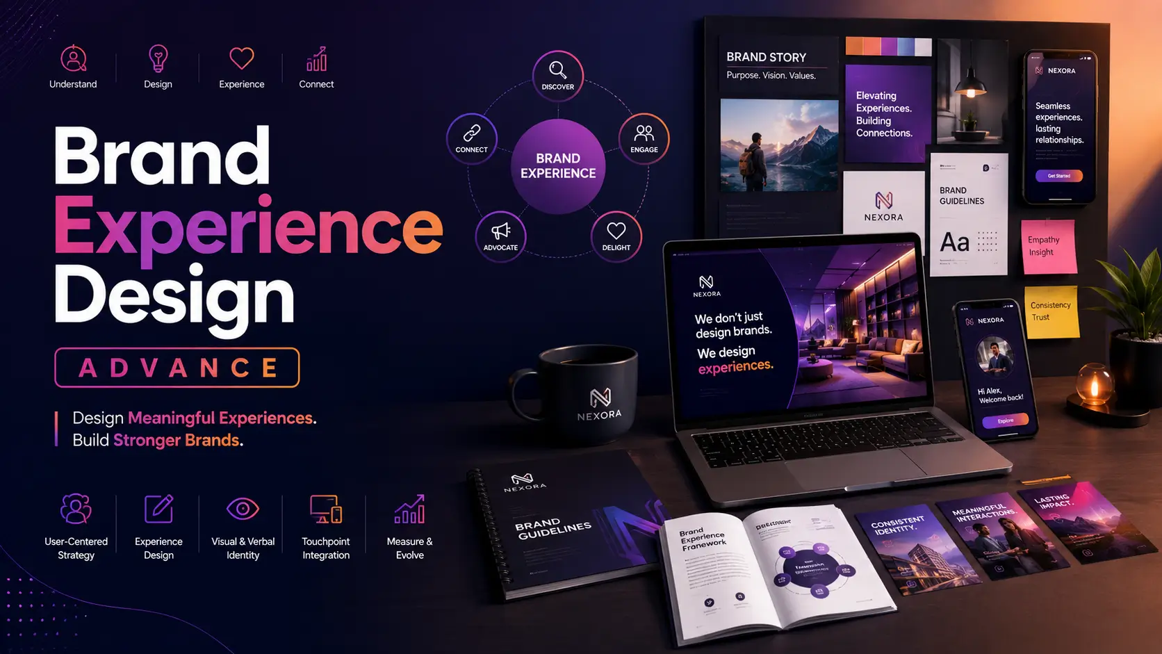 Educational banner for Brand Experience Design Advance course with branding and UX visuals