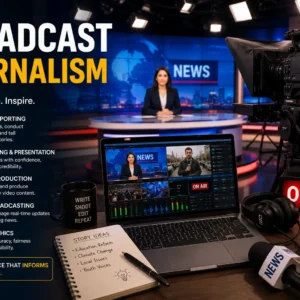 Broadcast Journalism course image with newsroom, cameras, and live reporting visuals