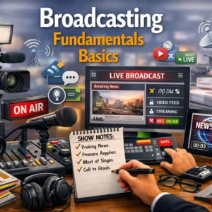 Educational course image for Broadcasting Fundamentals Basics with studio visuals
