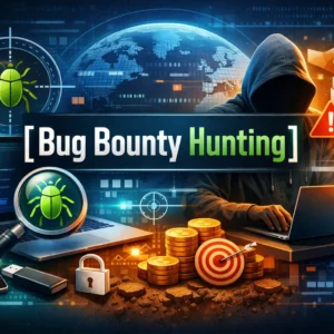 Educational banner for Bug Bounty Hunting course with cybersecurity and hacking visuals