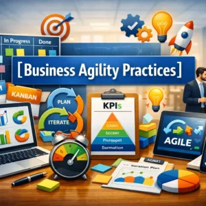 Professional Business Agility Practices course image with agile tools and teamwork visuals