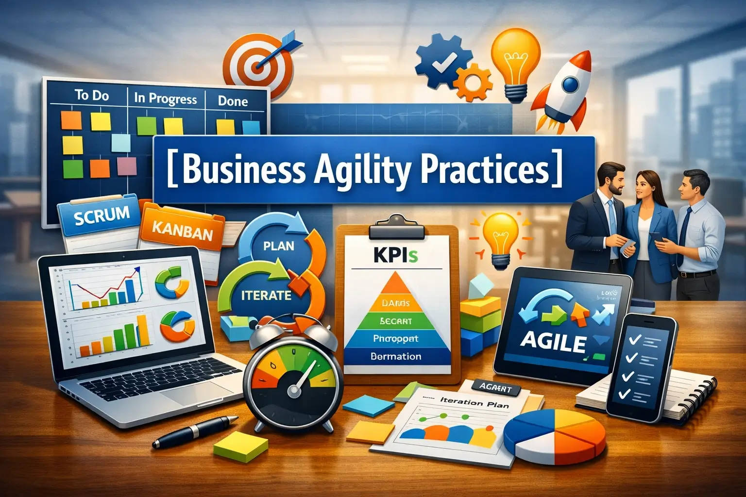 Professional Business Agility Practices course image with agile tools and teamwork visuals