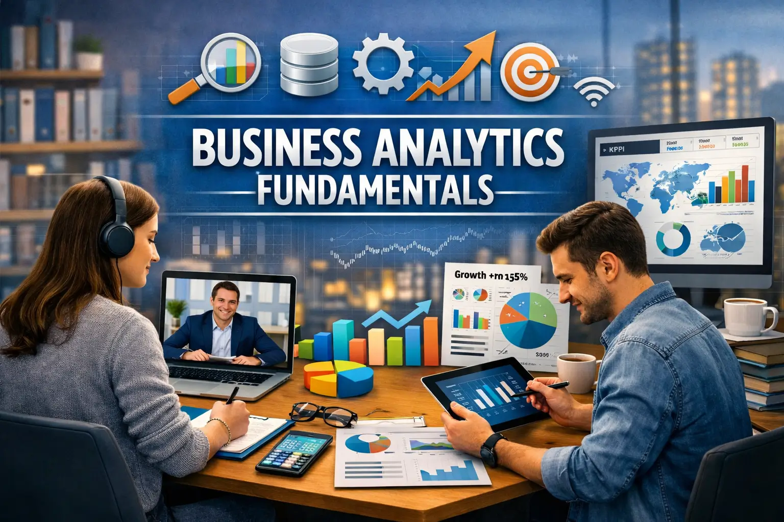 Business Analytics Fundamentals course banner showing professionals analyzing data dashboards and charts