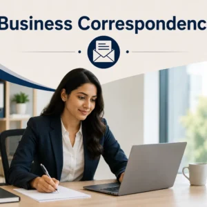 Professional course image for Business Correspondence with modern workplace visuals