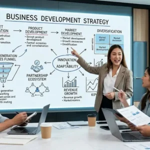 Business Development Strategy course banner showing professionals collaborating on partnerships and growth planning.