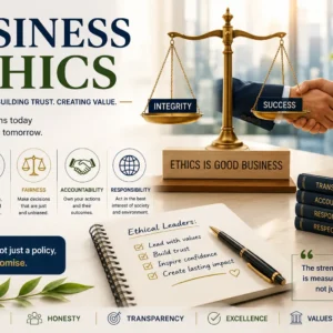 Educational banner showing Business Ethics with balance scales, handshake, and corporate responsibility visuals