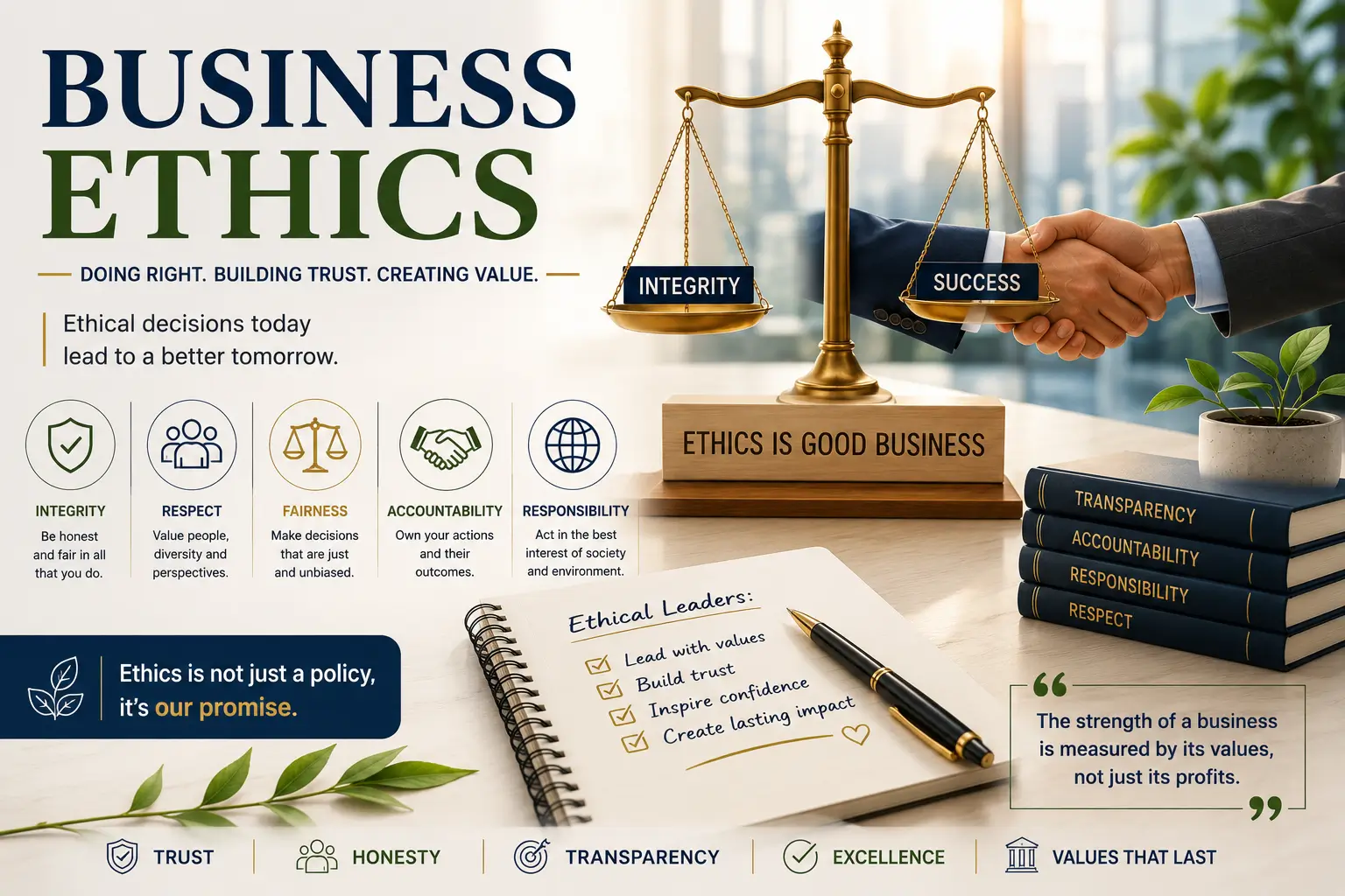 Educational banner showing Business Ethics with balance scales, handshake, and corporate responsibility visuals