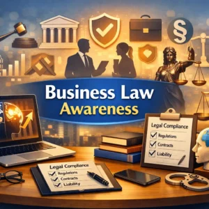 Business Law Awareness course image showing justice scales, gavel, and legal compliance