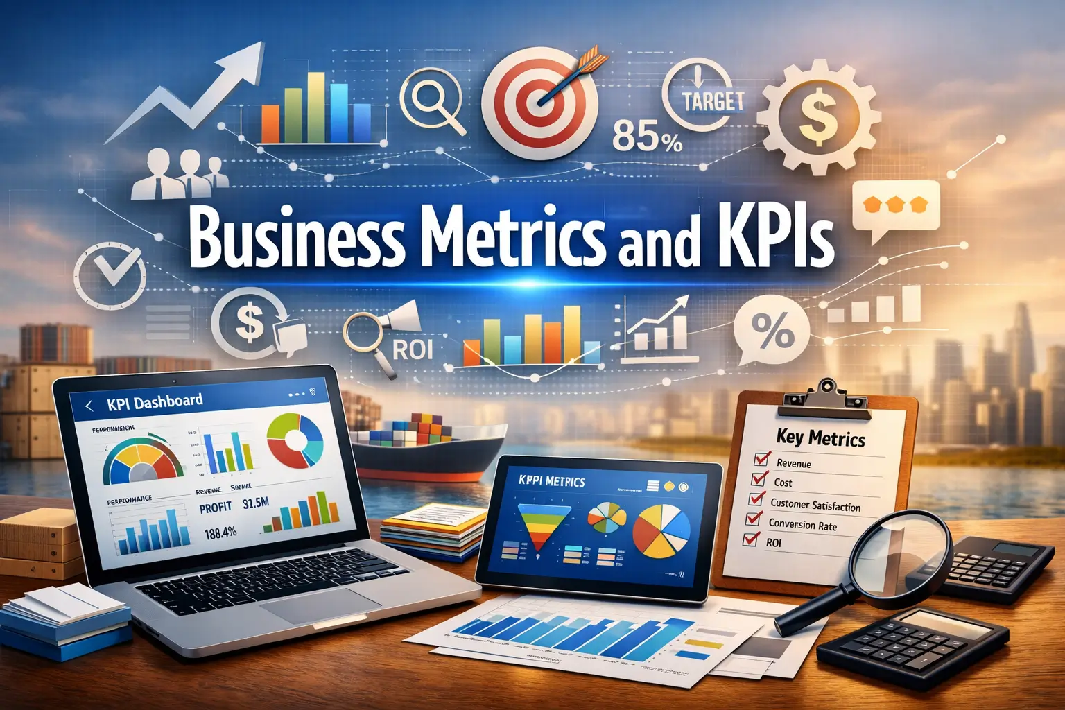 Professional Business Metrics and KPIs course image with analytics visuals