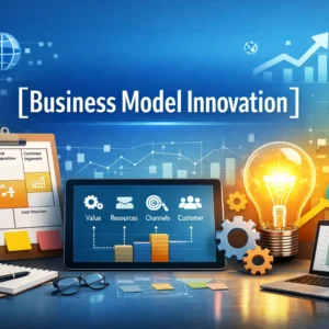 Educational banner for Business Model Innovation course with business visuals
