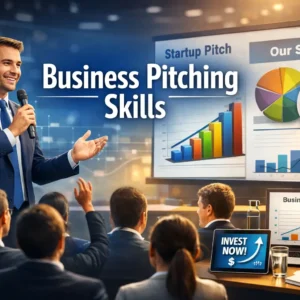 Professional presenter delivering Business Pitching Skills training with visuals