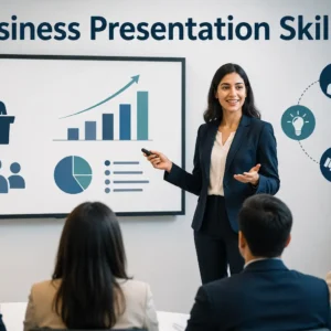 Modern educational course image for Business Presentation Skills with presentation visuals