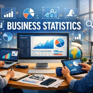 High-quality educational image for Business Statistics course showing data analysis and learning visuals